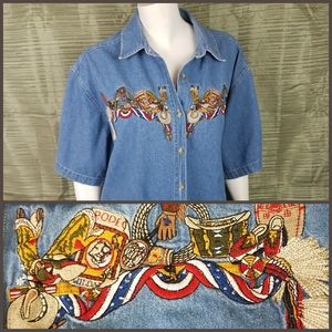 Women's Vtg Rodeo Themed Embroidered Denim Shirt